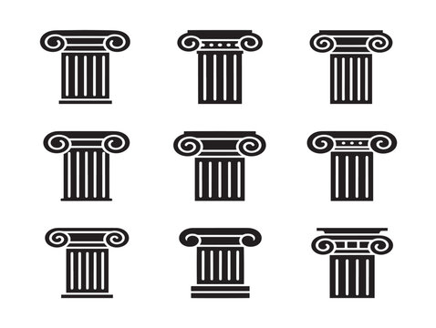 Set of solid black Greek column icons featuring classic architectural pillar designs in a minimalist vector style