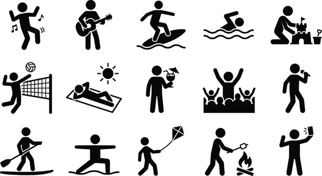 Set of stick figure icons showing people practicing parasailing and water sports activities with boats and parachutes in a collection of simple black and white design symbols