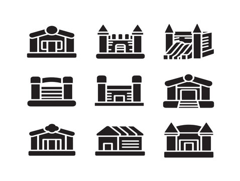 Solid Black Silhouette Bounce House Icon Set for Children Party Events