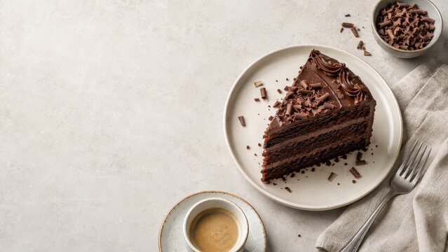 Overhead View of Chocolate Cake Slice with Coffee