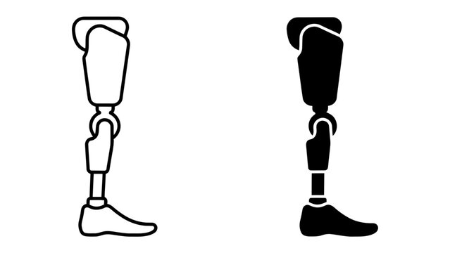 Prosthetic Leg Icon: A simple and clear graphic illustration of a prosthetic leg, presented in both outline and silhouette, symbolizing mobility and modern medical technology.
