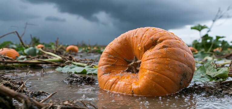 A smashed orange pumpkin lies in a waterlogged field beneath stormy skies, illustrating agricultural loss.