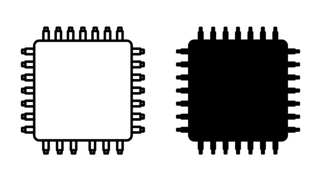 Processor Microchip Icon: A square microchip processor icon in both white outline and solid black silhouette, representing digital technology and computer hardware.
