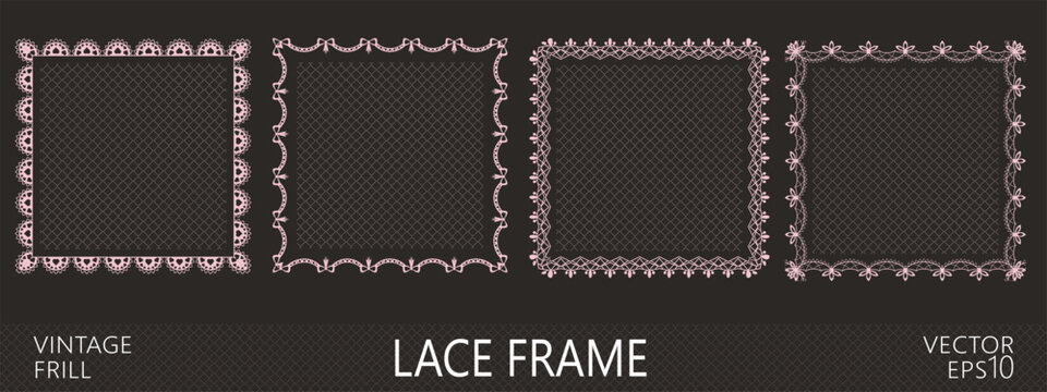 Scallop edge pattern and border lace cute with line vector frame. Heart frill design and coquette antique oval with doily icon vintage. Ornate border lace and bow scallop wave with simple.