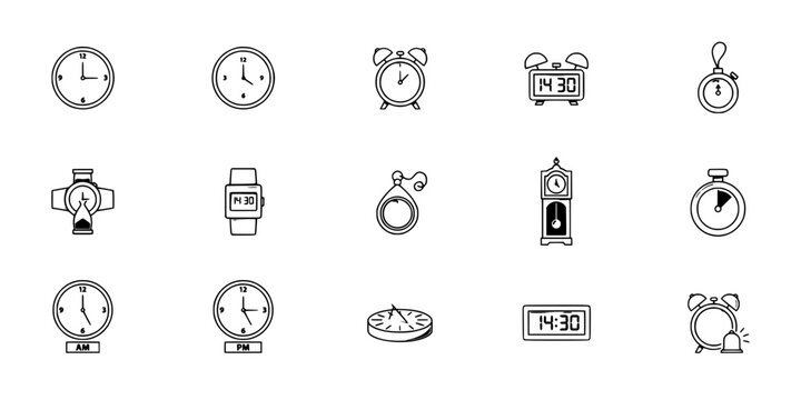 Collection of 16 Diverse Clock Icons in a 4x4 Grid for Time and Schedule Concepts Featuring Icon, Set, Alarm with Watch