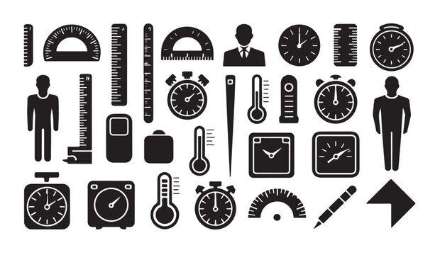 Diverse measuring equipment icons with protractors thermometers and timers for research.