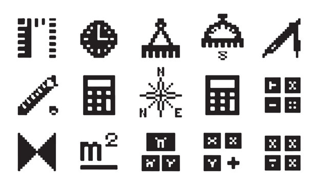 Math and calculation icons including calculators compasses and grid symbols for education.