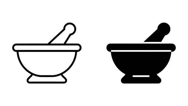 Mortar and Pestle Icons: A pair of simple, modern icons representing a mortar and pestle, one in outline and the other in solid black.