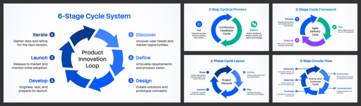 Circular cycle diagrams infographic vector template set featuring 2 step, 3 step, 4 step, 5 step and 6 step in minimal blue flat design and horizontal layout for business and corporate presentation. 