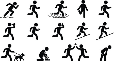 Set of camping icons showing people hiking tent sleeping campfire cooking axe wood hiking chair lantern map laundry and backpack activities in a simple black line art style © Prosonjit  Dev