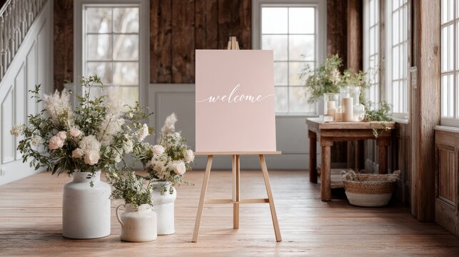 easel with welcome sign in decorated room with flowers and wedding decorations