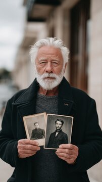 senior man holding old photos of himself as a young man