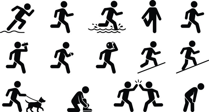 Set of camping icons showing people hiking tent sleeping campfire cooking axe wood hiking chair lantern map laundry and backpack activities in a simple black line art style