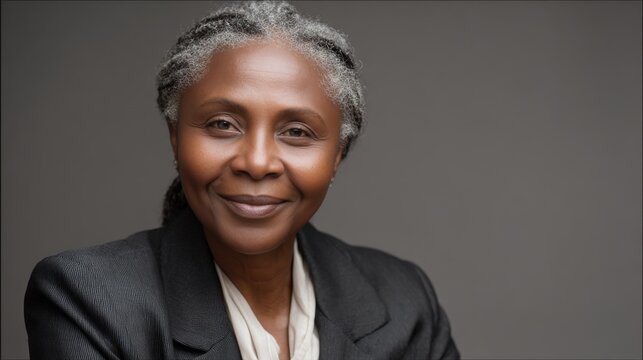business portrait of african mature woman in business suit on gray background with copy space