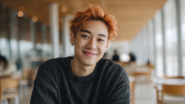 portrait of young asian guy student with red hair in the bright modern college