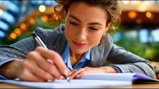 Young woman writes with focus and calm intent