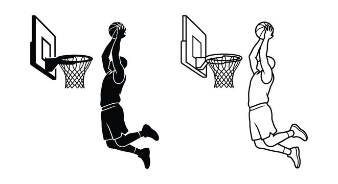 Basketball player dunking with hoop and net a black and white silhouette sports athlete competition game action movement