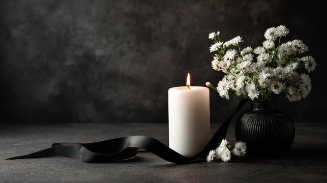 candle, flowers and black ribbon on dark background with copy space