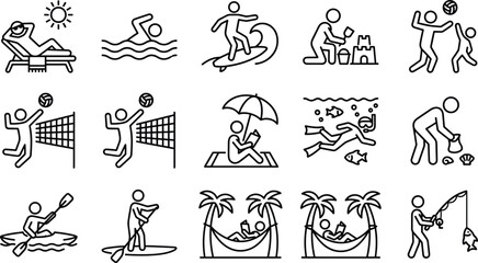 Obraz premium Set of black line icons depicting people using maps gps navigation and travel tools for finding directions and planning routes for outdoor adventure or city trips on a simple layout