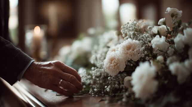close up of male hand on the coffin with flowers on it in the church, funeral ceremony