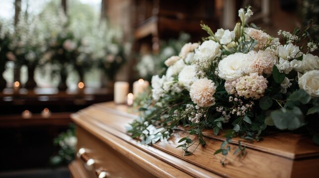 coffin with flowers on it inside a herse, funeral ceremony