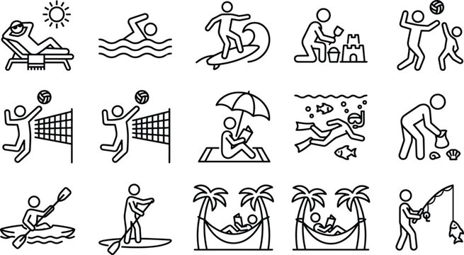 Set of black line icons depicting people using maps gps navigation and travel tools for finding directions and planning routes for outdoor adventure or city trips on a simple layout