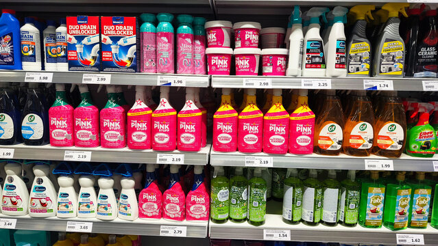 Iserlohn, Germany - June 20, 2026: Supermarket aisle shelves are stocked with a variety of household cleaning products and detergents inside Action supermarket