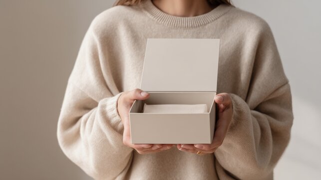 female hands holding opened premium product box