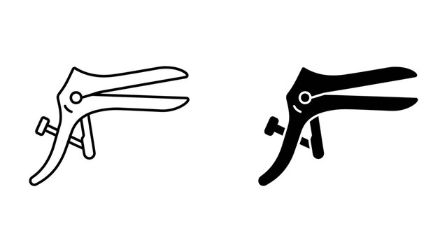 Speculum Icon Set: A graphic representation of a medical speculum in two styles, one outline and one silhouette, symbolizing diagnostic examination and healthcare.