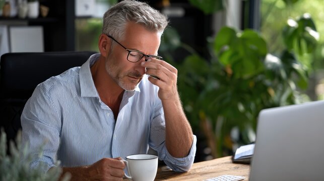 Middle-aged businessman works at computer in home office rubbing eyes from fatigue with coffee cup nearby in afternoon sunlight