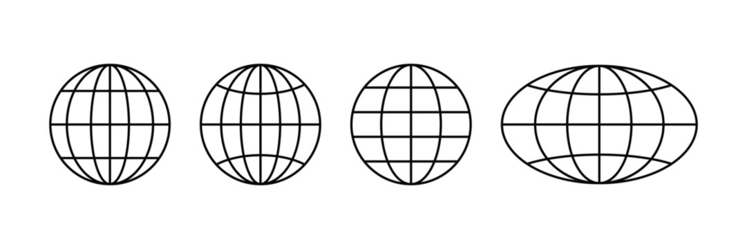Minimalist Globe Grid Line Icon Set - Abstract Black Outline Earth Sphere Symbols, Modern Global Network and World map Coordinate Concept