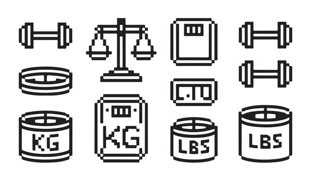 Pixel art weight scale and dumbbell icons for fitness game interfaces and gym app design.