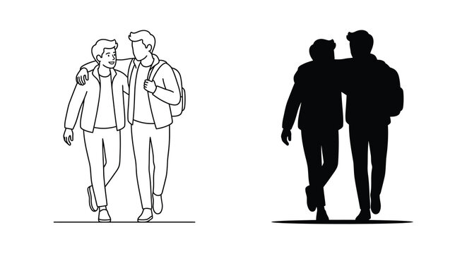 Two men walking with arms around each other depicted in line art and black silhouette male masculinity friends