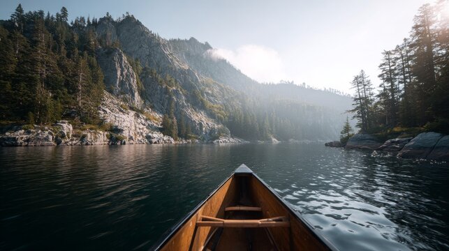 canoeing on the beautiful mountain lake, pov