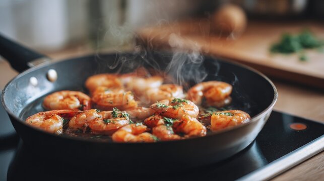 cooking shrimps in frying pan in modern kitchen