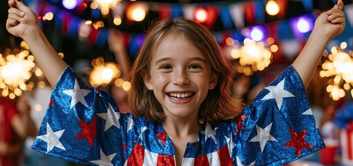 Fototapeta premium A child in a patriotic star-patterned costume waves bright sparklers amid colorful Fourth of July festivities.
