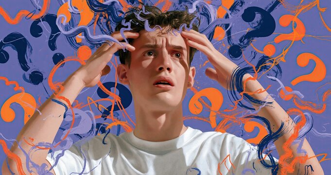 In a vibrant, dynamic scene, a young man grapples with stress amid swirling question marks and chaotic lines.