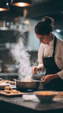 woman chef cooking something in steaming pot in modern kitchen
