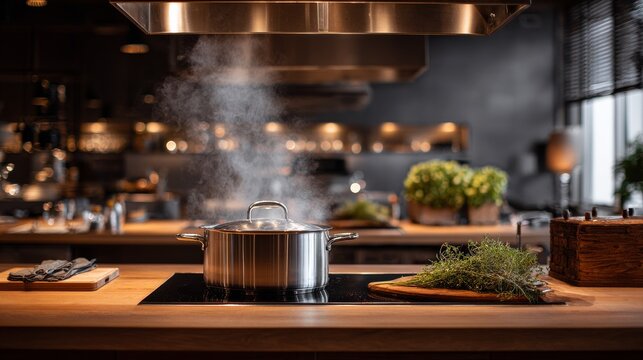 steaming pot in modern kitchen in restaurant