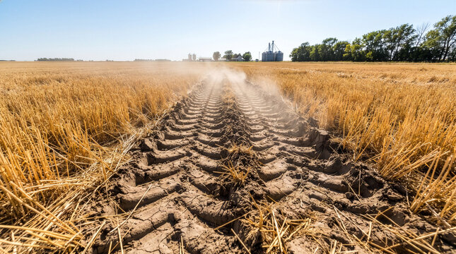 Tire tracks from agricultural machinery in freshly harvested golden stubble field.