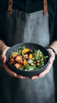 man in apron holding bowl with healthy food