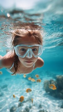 cute little girl snorkeling near the tropical beach with palm trees, underwater view with beautiful fishes