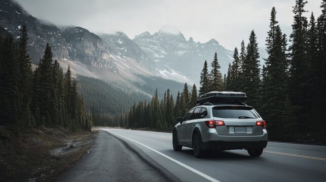 a car with roof rack drives along a road with a view of the mountains
