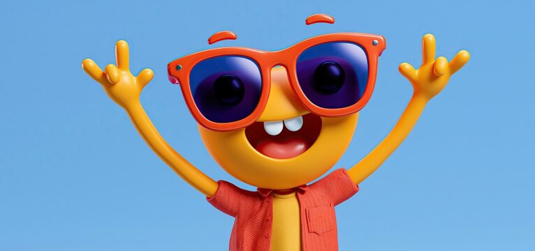 Vibrant sunglasses mascot arranged to evoke a playful beach holiday atmosphere, ideal for summer marketing and family ads.
