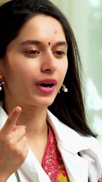 Indian Asian young female doctor in her mid-twenties, wearing a white coat, sitting at a desk with a laptop, conducting an online consultation with patients via video call in a professional setup