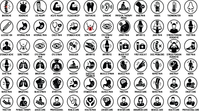 Body pain icon set for backache, headache, injury, muscle, teeth, ear, and physical therapy symbols. Solid vector icon collection..eps