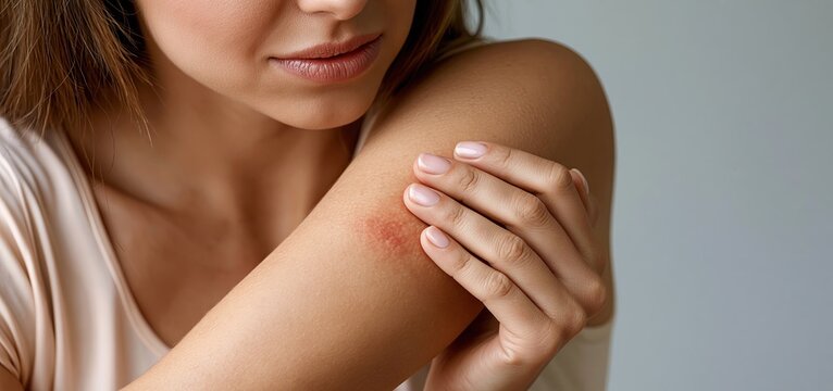 Hand examining irritated eczema patch on elbow with soft natural lighting and neutral background.