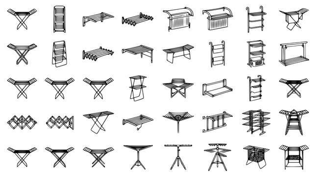Comprehensive set of foldable laundry drying racks and garment hanging equipment icons in clean outline style isolated on a white background for home organization