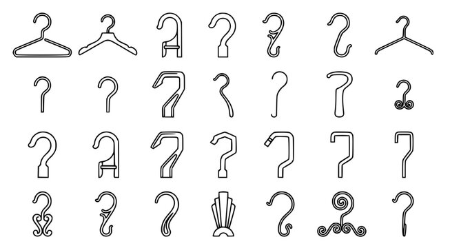 Set of diverse clothes hanger designs and wardrobe organization icons in simple line art style isolated on a white background for retail and closet planning