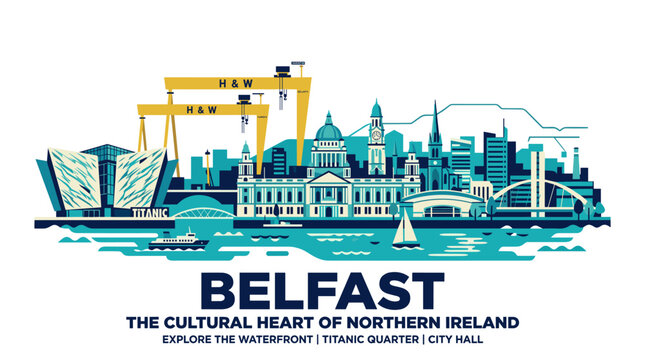Belfast Northern Ireland Skyline Vector Illustration in Turquoise, Yellow and Navy Modern Flat Travel Style